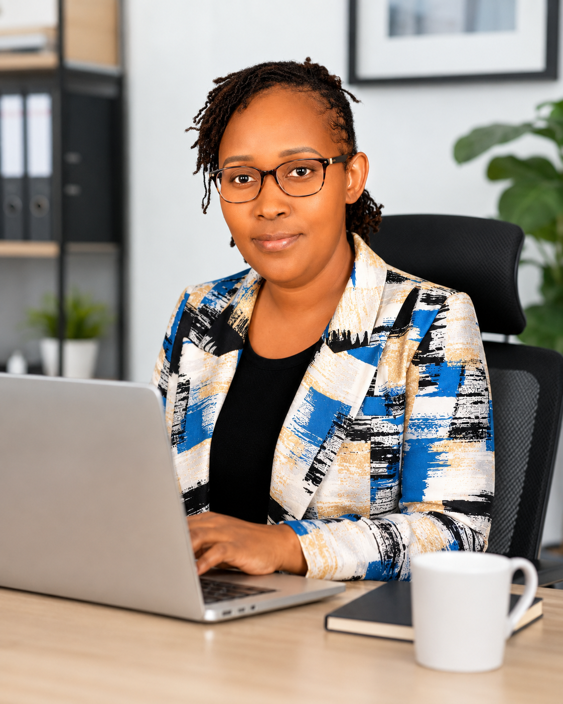 Wanjiru Kibe working at her desk in Nairobi