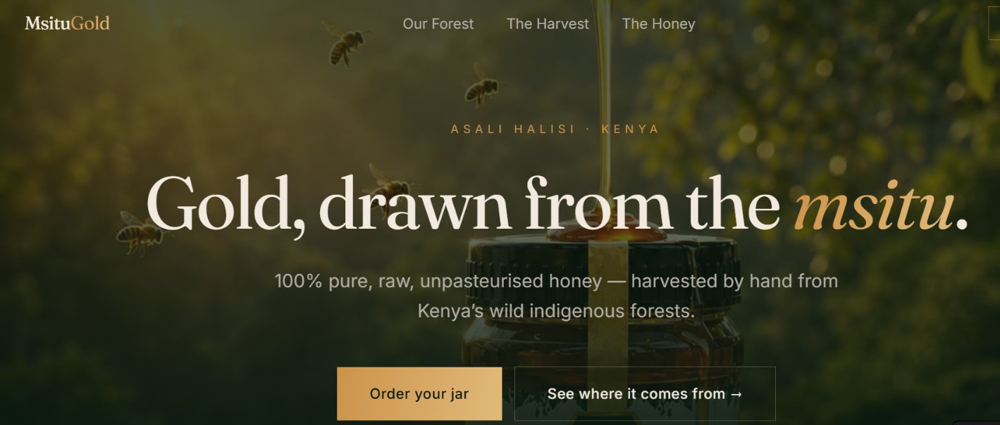 Msitu Gold website homepage with the headline Gold, drawn from the msitu
