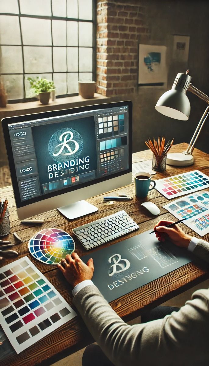 Designer workspace with brand identity work on screen