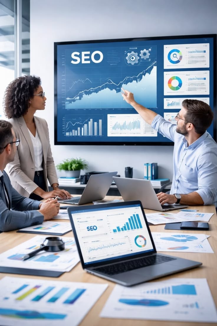 SEO team reviewing a search performance dashboard