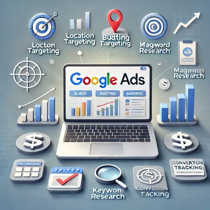 Google Ads dashboard on a laptop surrounded by advertising icons