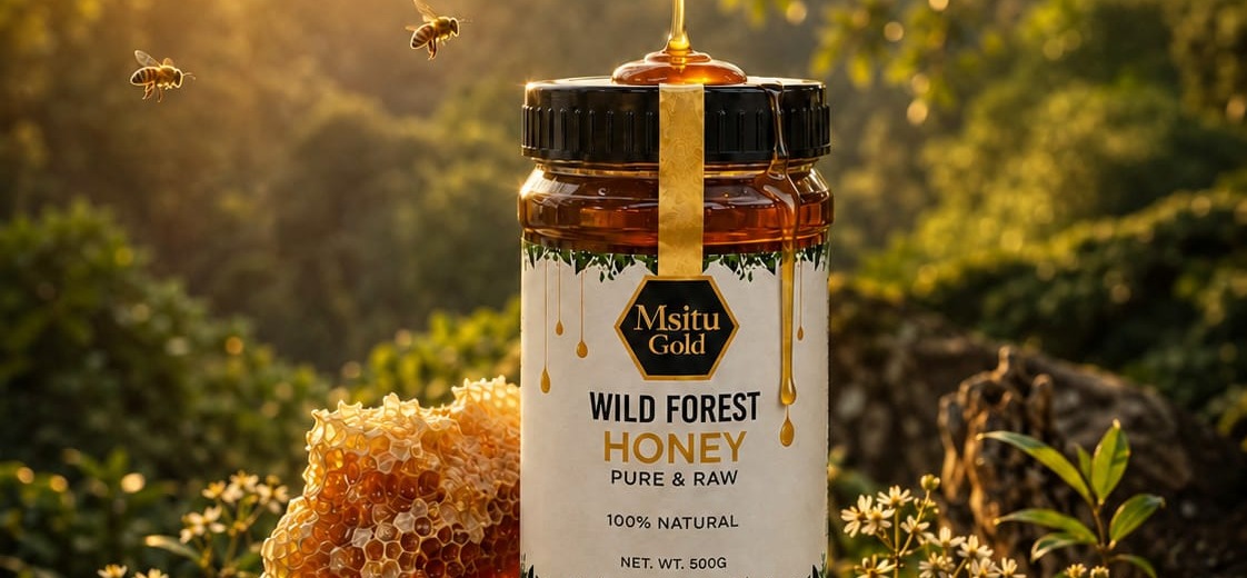 Msitu Gold wild forest honey jar in a sunlit forest