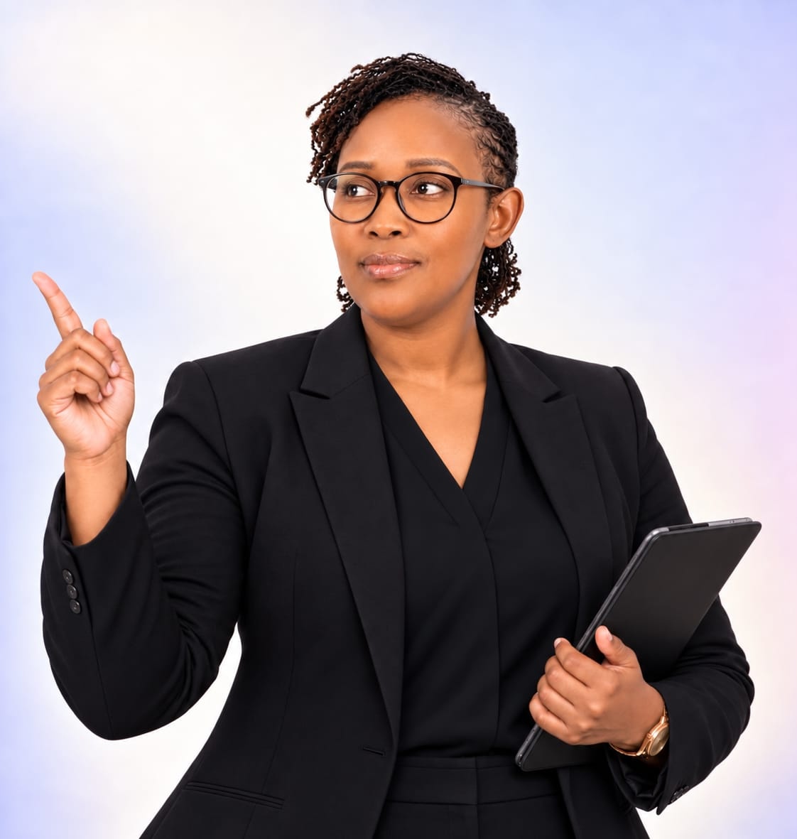 Wanjiru Kibe in a black suit holding a tablet