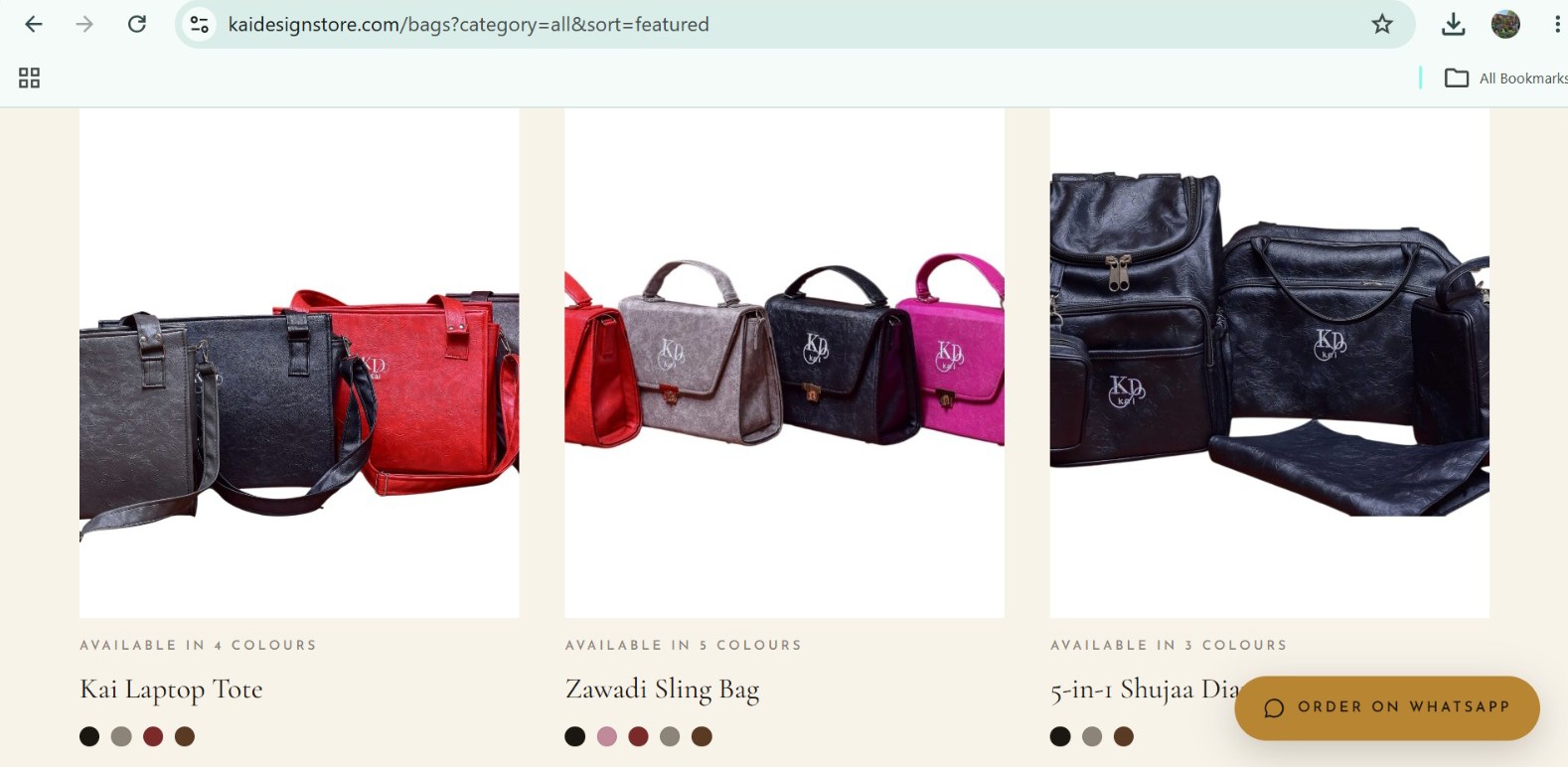 Kai Designs website product page showing three leather bag styles