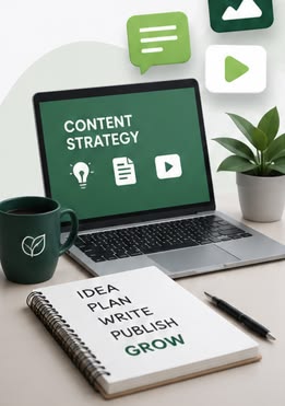 Laptop and notebook arranged for content strategy planning